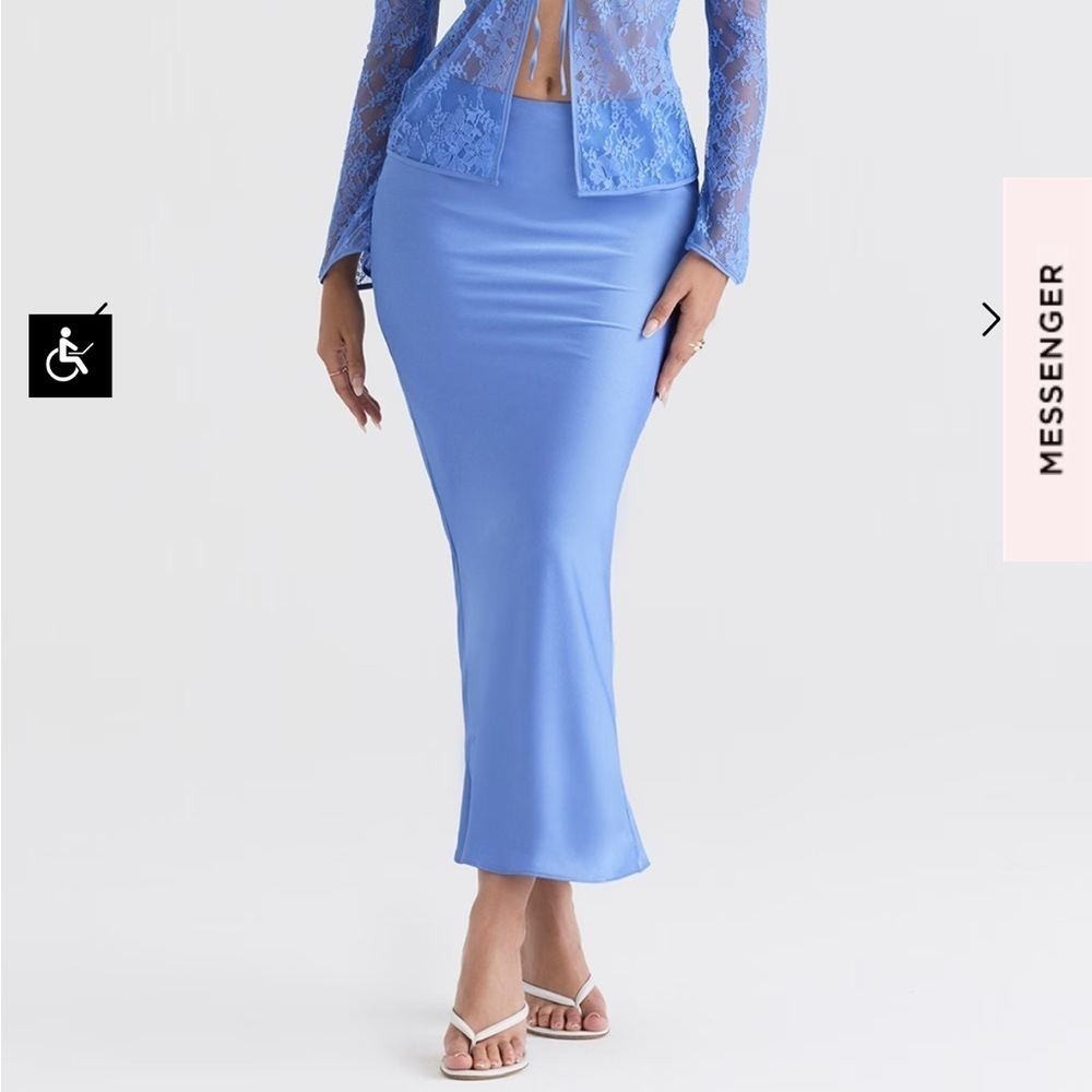 House of CB CLARA BLUE SATIN BIAS CUT MIDI SKIRT